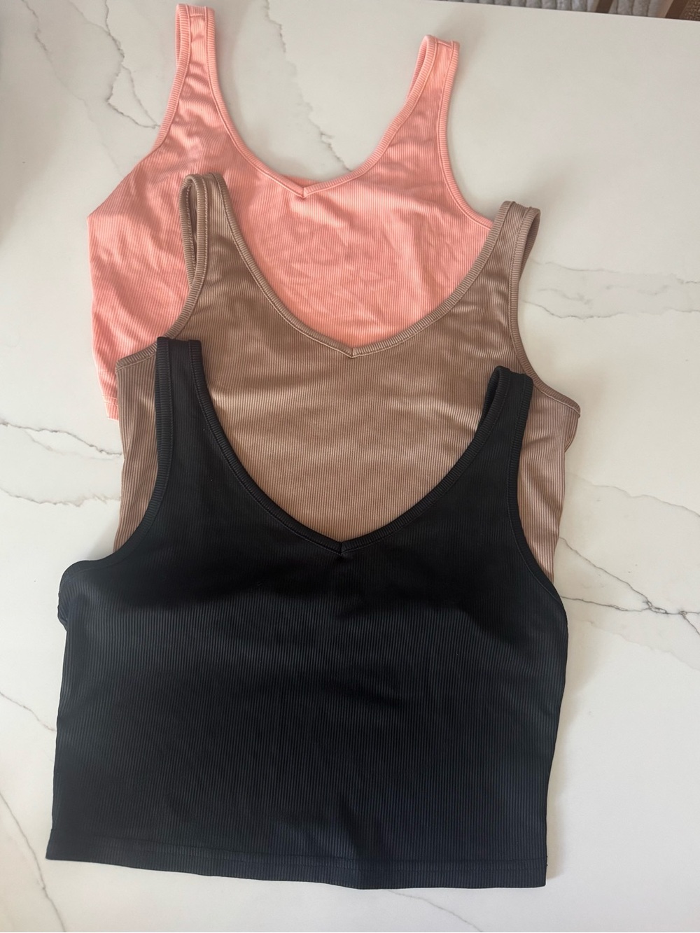 FRESRAL Ribbed V-Neck Crop Tank Tops 3 Pack Black Brown Pink Size L